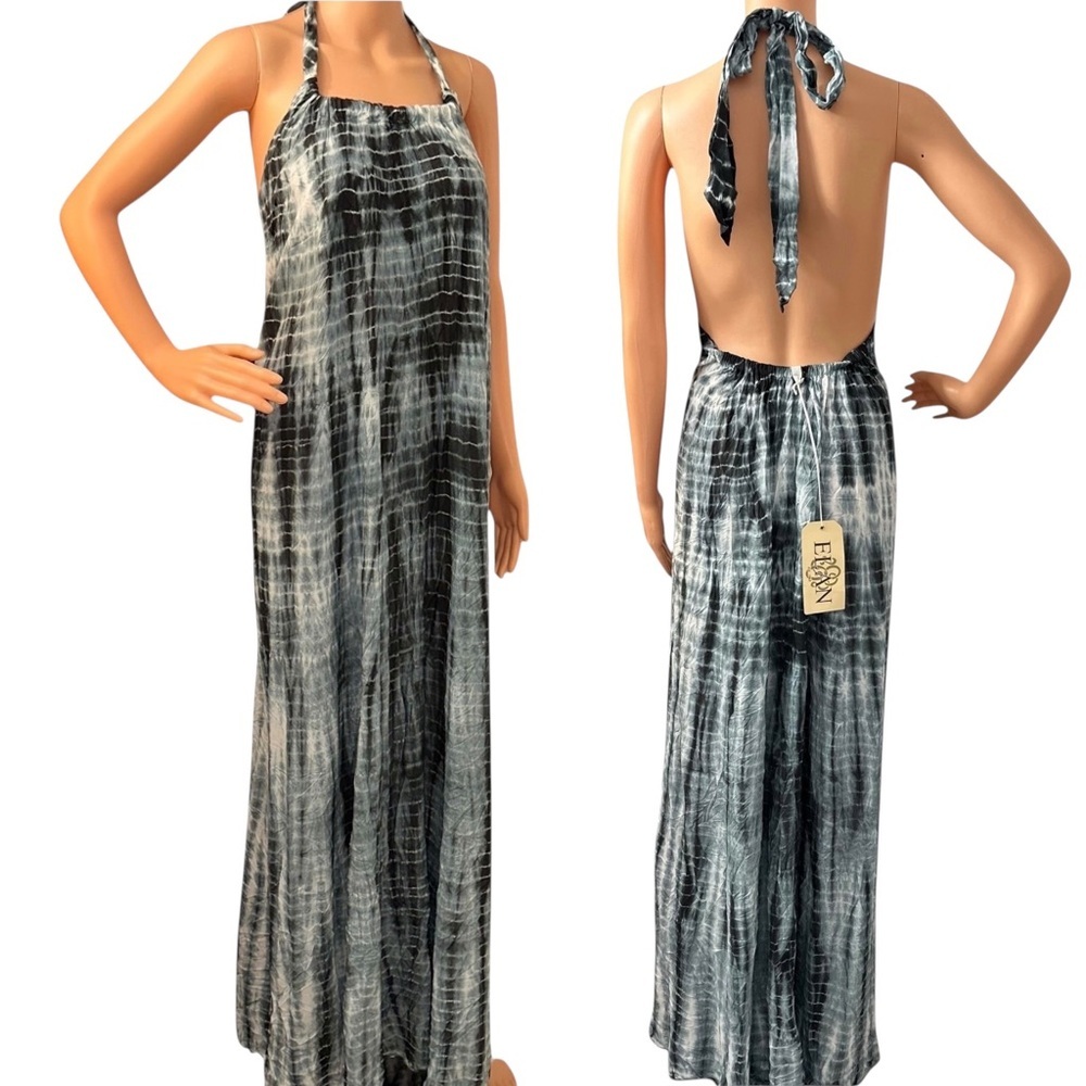 NWT Elan Tie Dye Dress Striped Black/Gray Halter Maxi Resortwear Women’s Sz L - Picture 2 of 7